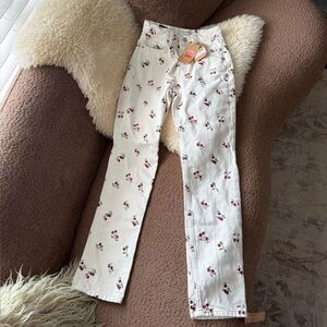 Reformation Jeans Cherries Embroidered High Rise Straight Jeans